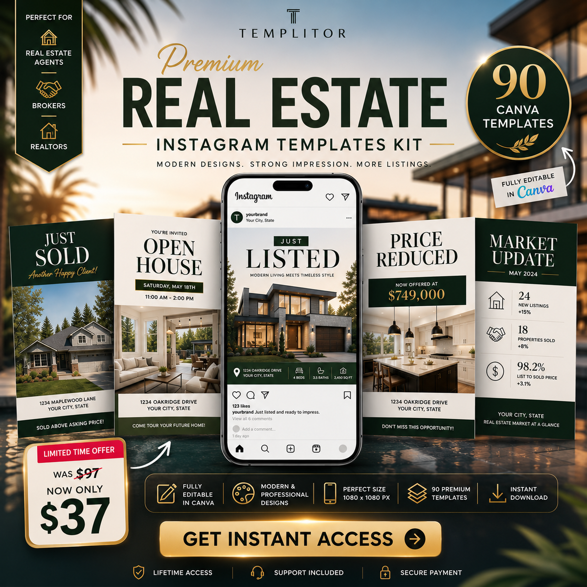 Real Estate Instagram Posts Pack - 90 Canva Templates