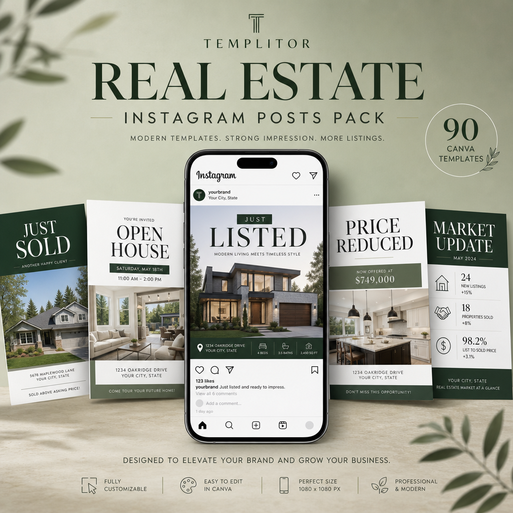 Real Estate Instagram Posts Pack - 90 Canva Templates